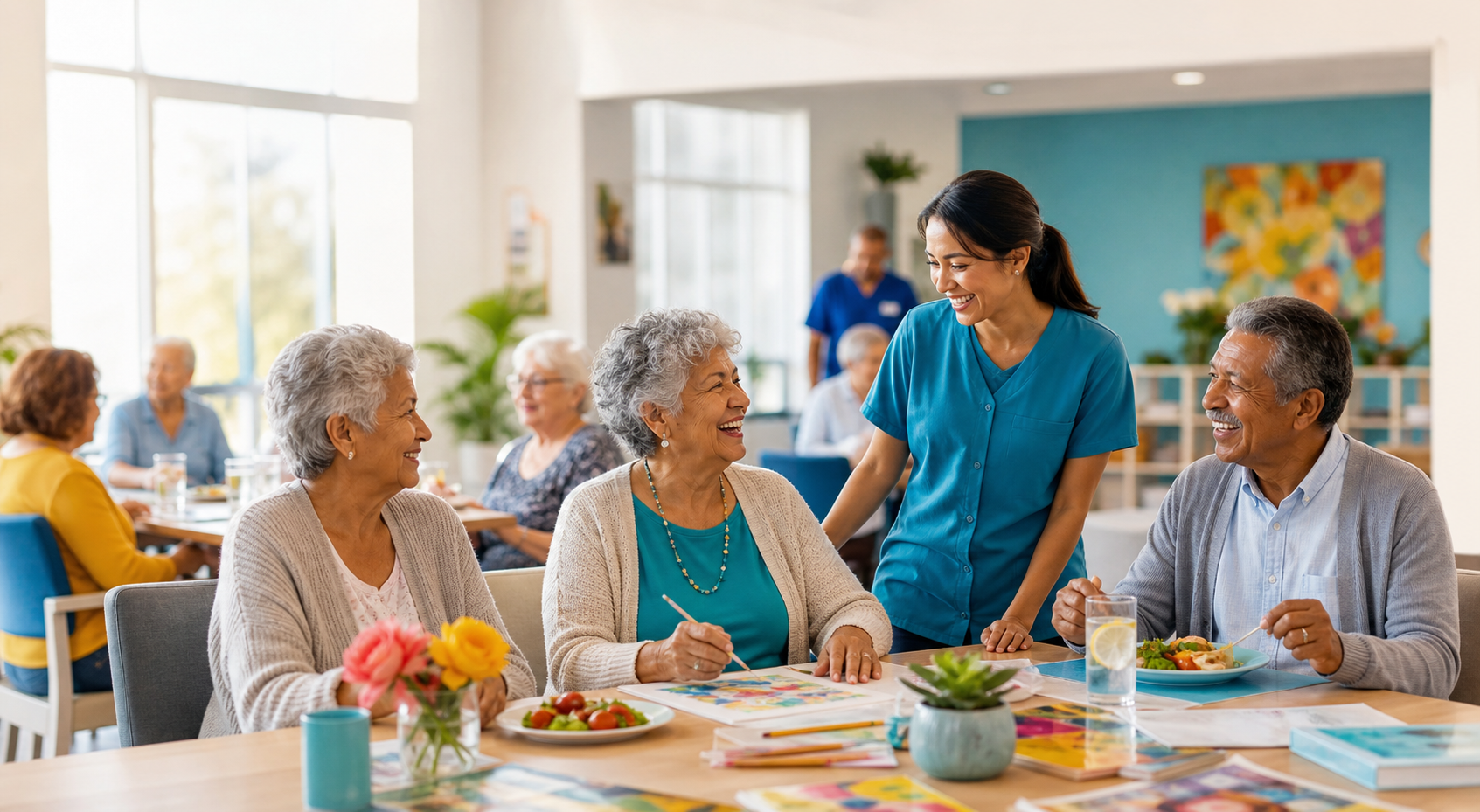 Representative image of an adult day wellness center with people socializing and participating in activities.